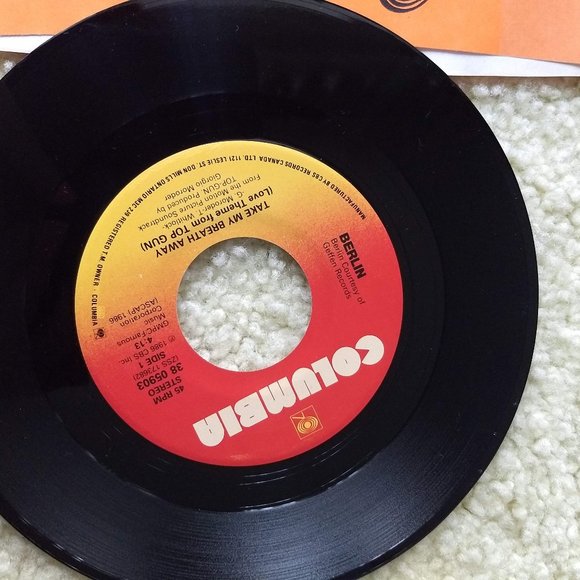 3/$25 vintage 80s Berlin Top Gun love theme single 45 record - Picture 5 of 5